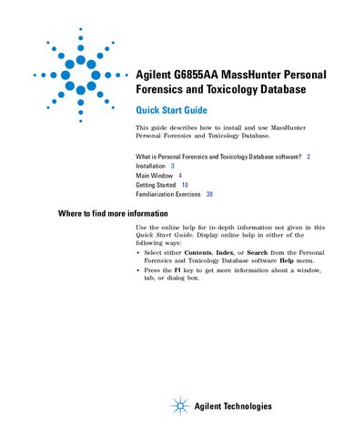 Agilent G6855AA MassHunter Personal Forensics and Toxicology Database Quick Start Guide - cover page