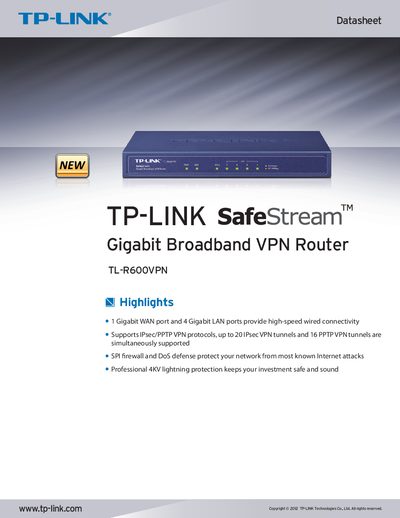 TP-Link TL-R600VPN SafeStream Gigabit Broadband VPN Router Datasheet - cover page