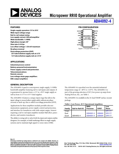 Analog Devices ADA4092-4 Operational Amplifier Handbook - cover page