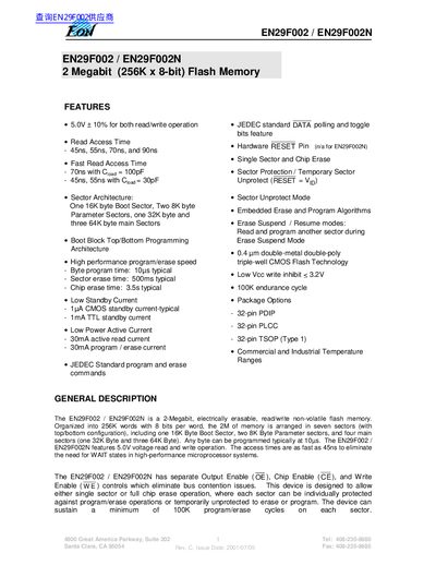 EON EN29F002 EN29F002N 2 Megabit (256K x 8-bit) Flash Memory - cover page
