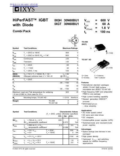 IXYS IXGH 30N60BU1 IXGT 30N60BU1 IGBT Module Datasheet - cover page