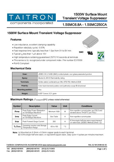 TAITRON 1.5SMC Series 1500W Surface Mount Transient Voltage Suppressor Datasheet - cover page