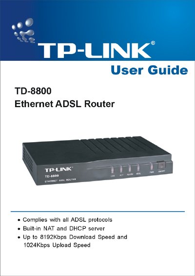 TP-LINK TD-8800 Ethernet ADSL Router User Guide - cover page