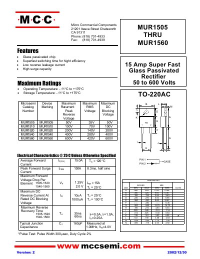 Micro Commercial Components MUR1505 thru MUR1560 Super Fast Rectifier Datasheet - cover page