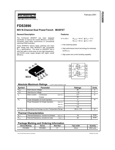 Fairchild FDS3890 80V N-Channel Dual PowerTrench MOSFET Datasheet - cover page