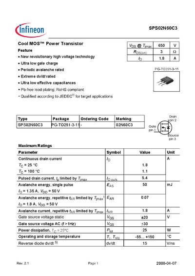 Infineon SPS02N60C3 Power MOSFET Datasheet - cover page