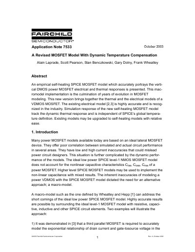 Fairchild Semiconductor Application Note 7533 Revised MOSFET Model With Dynamic Temperature Compensation - cover page