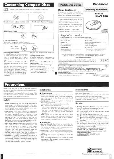 Panasonic SL-CT580 Portable CD Player Operating Instructions