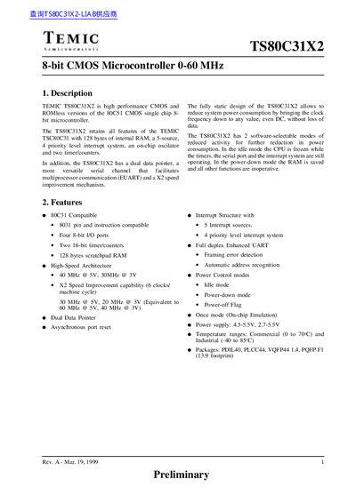 TEMIC TS80C31X2 8-bit CMOS Microcontroller Datasheet - cover page