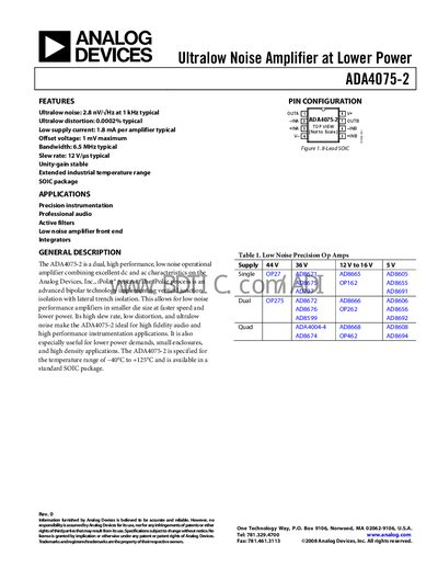 Analog Devices ADA4075-2 Dual Operational Amplifier Datasheet - cover page