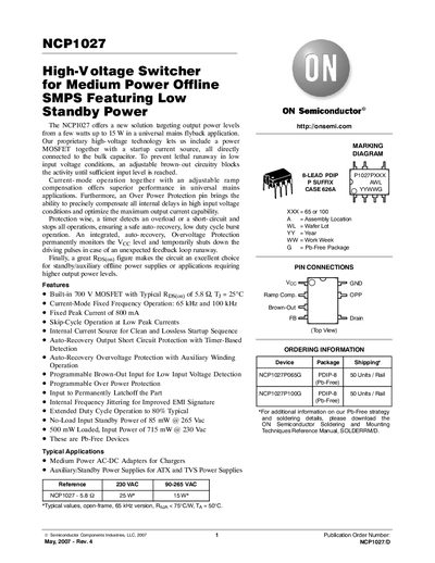 ON Semiconductor NCP1027 Datasheet - cover page