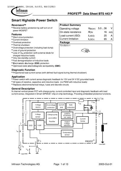 Infineon BTS443P Data Sheet - cover page