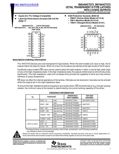 TEXAS INSTRUMENTS SN54AHCT373 SN74AHCT373 OCTAL TRANSPARENT D-TYPE LATCHES WITH 3-STATE OUTPUTS Data Sheet  - cover page