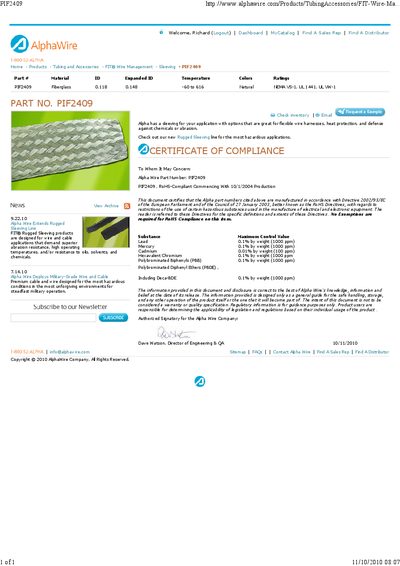 AlphaWire PIF2409 Rugged Sleeving Certificate of Compliance - cover page