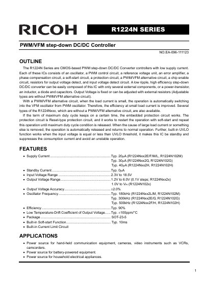 Ricoh R1224N Series PWM/VFM Step-Down DC/DC Controller Datasheet