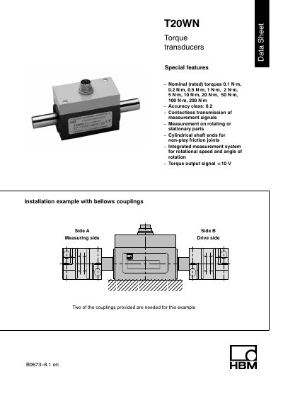 HBM T20WN Torque Transducer Data Sheet - cover page