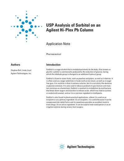 Agilent Hi-Plex Pb Column Application Note for Sorbitol Analysis - cover page