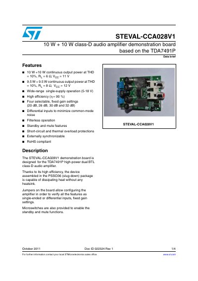ST STEVAL-CCA028V1 10 W + 10 W class-D audio amplifier demonstration board based on the TDA7491P handbook - cover page