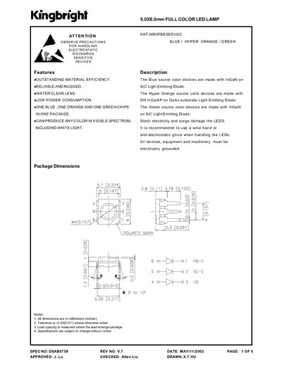 Kingbright KAF-5060PBESEEVGC LED Package Datasheet - cover page