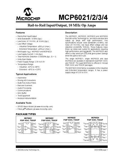 Microchip MCP6021/2/3/4 Operational Amplifiers Datasheet - cover page