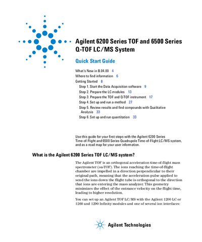 Agilent 6200 Series TOF and 6500 Series Q-TOF LC/MS System Quick Start Guide - cover page