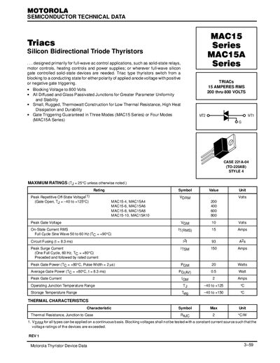 Motorola MAC15/MAC15A Series Triac Datasheet - cover page