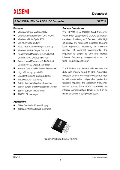 XLSEMI XL7015 0.8A 150KHz 100V Buck DC to DC Converter Datasheet