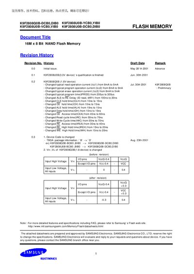 Samsung K9F2808Q0B-DCB0 DIB0 Data Sheet  - cover page