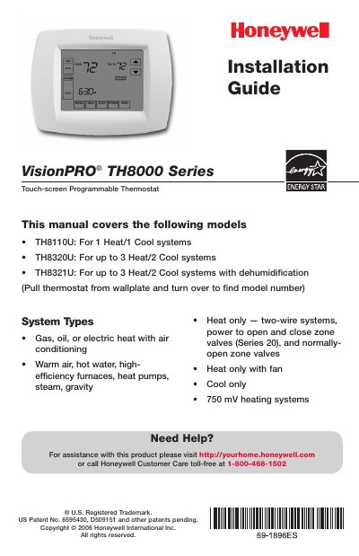 Honeywell VisionPRO TH8000 Series Installation Guide - cover page