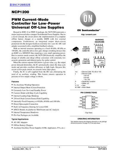 ON Semiconductor NCP1200 PWM Current-Mode Controller Datasheet - cover page