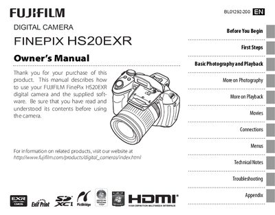 Fujifilm FinePix HS20EXR Digital Camera User Manual - cover page