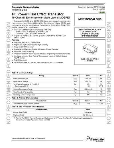 Freescale MRF18085ALSR3 RF Power Field Effect Transistor Datasheet - cover page