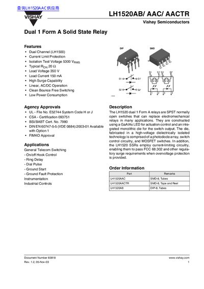 Vishay LH1520AB/AAC/AACTR Dual 1 Form A Solid State Relay Datasheet - cover page