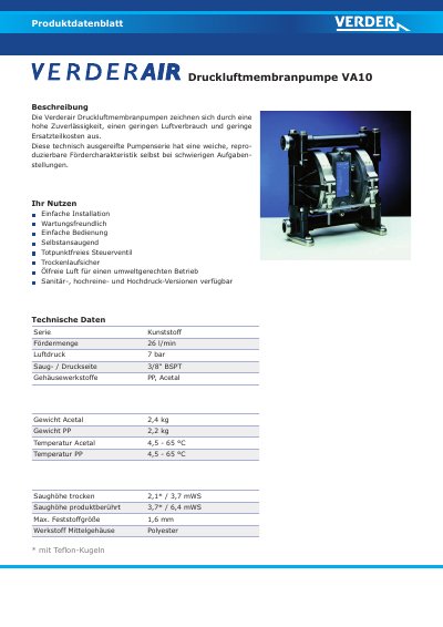 VERDER VA10 Pneumatic Diaphragm Pump Datasheet - cover page