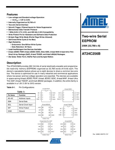 Atmel AT24C256B 256K EEPROM Datasheet - cover page
