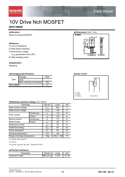 ROHM ZDX130N50 MOSFET Datasheet - cover page