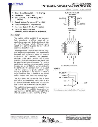 Texas Instruments LM118/LM218/LM318 Operational Amplifiers Datasheet