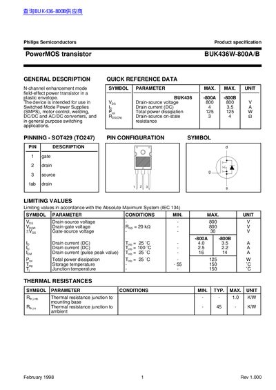 Philips Semiconductors BUK436W-800A/B PowerMOS Transistor Product Specification