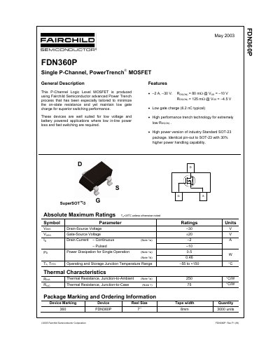 Fairchild Semiconductor FDN360P P-Channel MOSFET Datasheet - cover page