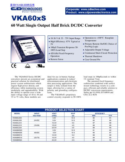 C&D Technologies VKA60xS 60 Watt DC/DC Converter Datasheet - cover page