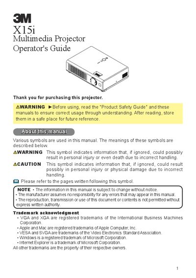 3M X15i Multimedia Projector Operator's Guide - cover page