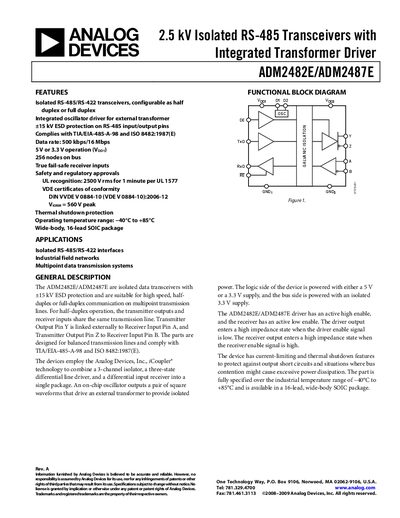 Analog Devices ADM2482E/ADM2487E Isolated RS-485 Transceiver Datasheet
