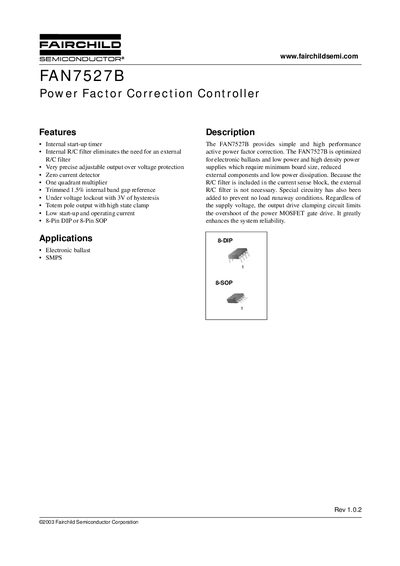 Fairchild FAN7527B Power Factor Correction Controller Datasheet - cover page