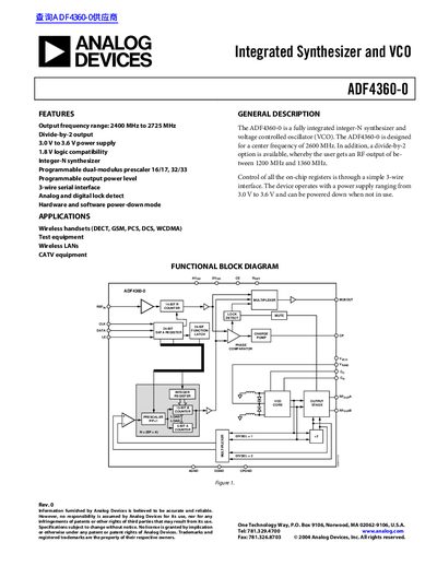 Analog Devices ADF4360-0 Integrated Synthesizer Datasheet - cover page
