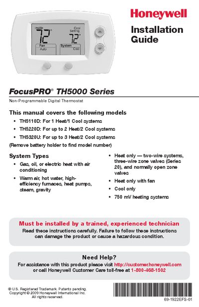 Honeywell FocusPRO TH5000 Series Installation Guide