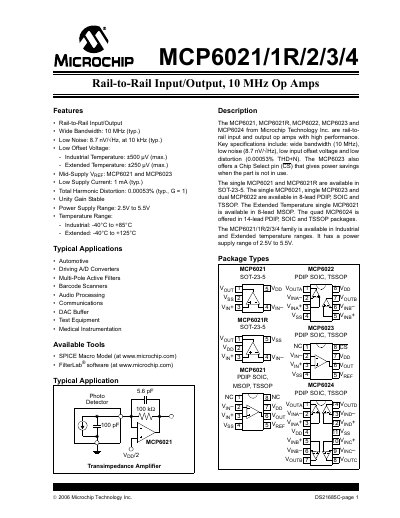 Microchip MCP6021/1R/2/3/4 Op Amp Datasheet - cover page