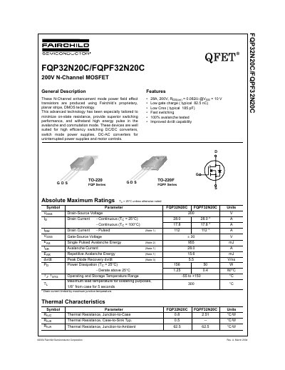 Fairchild Semiconductor FQP32N20C/FQPF32N20C 200V N-Channel MOSFET Datasheet