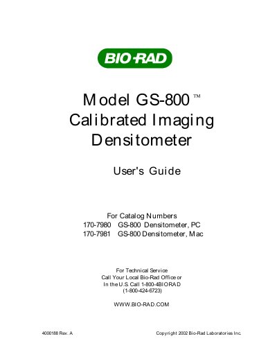 Bio-Rad GS-800 Calibrated Imaging Densitometer User Guide - cover page