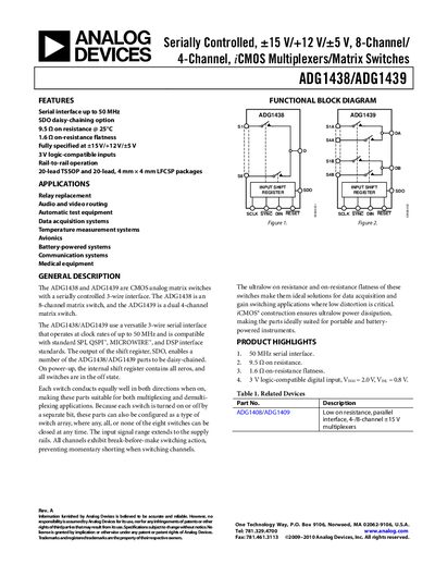 ANALOG DEVICES Serially Controlled &plusmn;15 V/+12 V/&plusmn;5 V 8-Channel/ 4-Channel iCMOS Multiplexers/Matrix Switches ADG1438/ADG1439 English products handbook Rev A - cover page