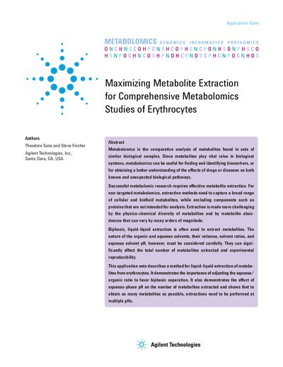 Maximizing Metabolite Extraction for Comprehensive Metabolomics Studies of Erythrocytes Application Note - cover page